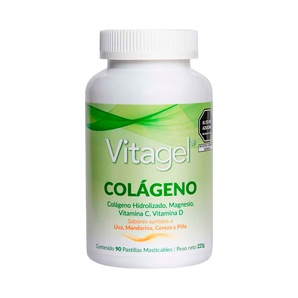 Colágeno Hidrolizado - Sabores Surtidos a Uva, Mandarina, Cereza y Piña - 90 Pastillas Masticables - Vitagel